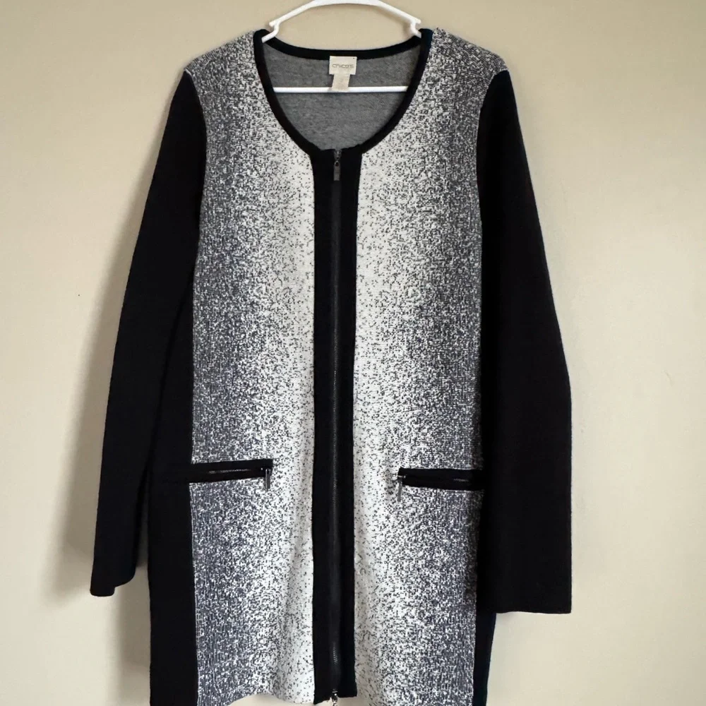 Chico's Black and white Knit Cardigan 100% Wool - Picture 8 of 9